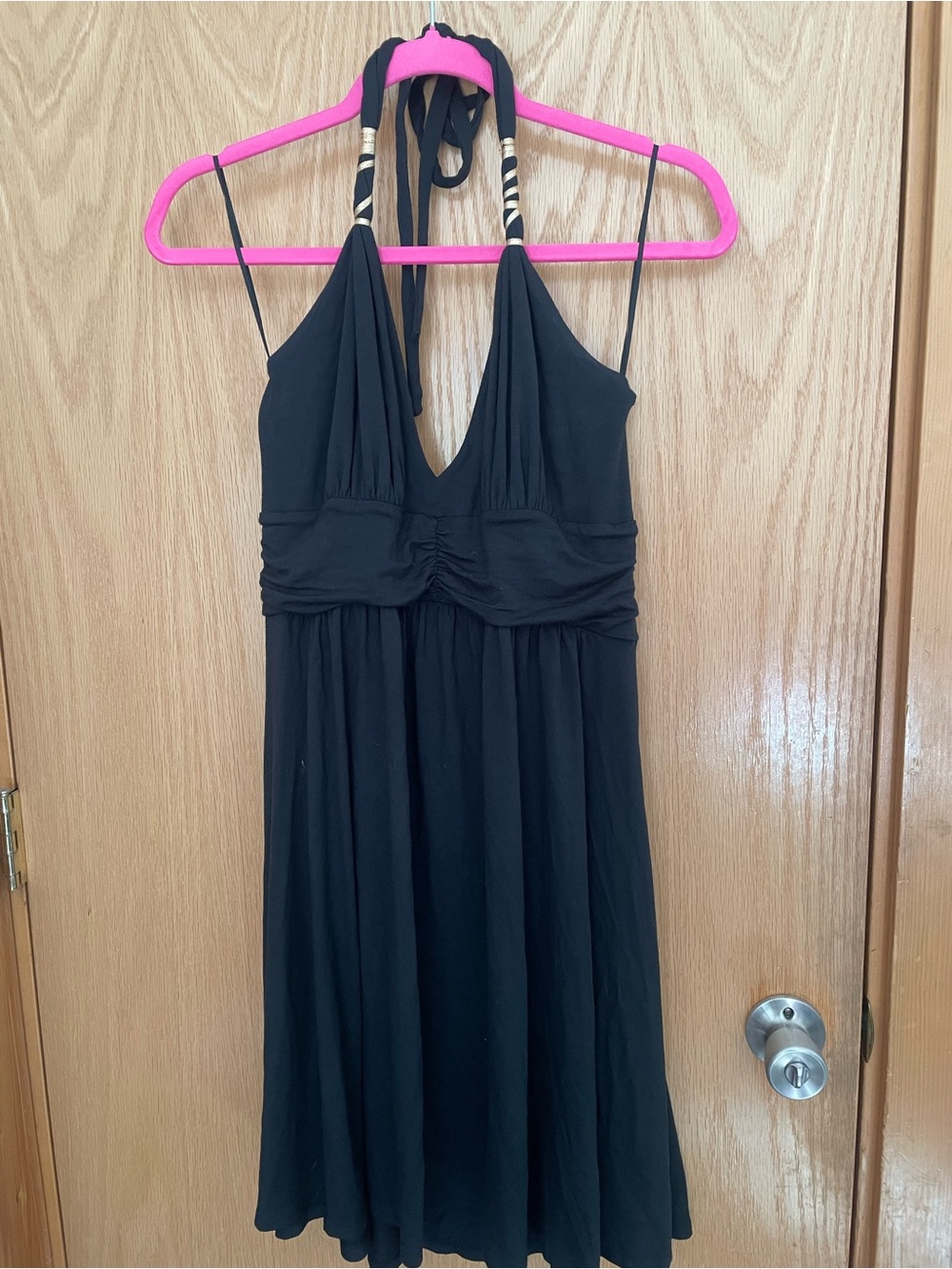 Express Black Halter Dress with Gold Wrap Neck Detail